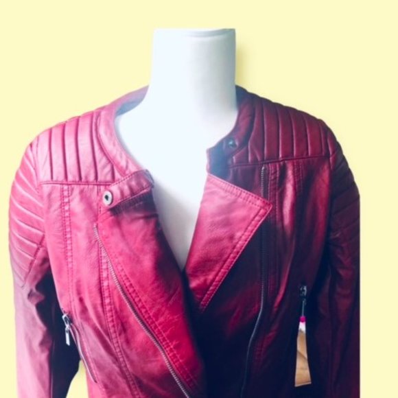 OLIVIA MILLER Burgundy Moto Style Asymmetrical Zipper Faux Leather Jacket New - Picture 6 of 7